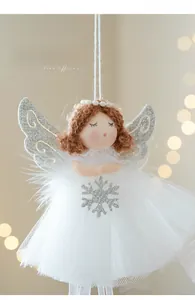 Exquisite Christmas angel ornament with white mesh skirt and silver feather wings detail