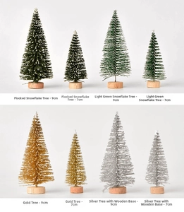 Miniature pine Christmas trees in four colors with natural wood bases for home decor