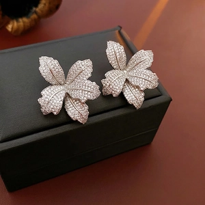 Elegant Flower Leaf Stud Earrings Copper Cubic Zirconia With Silver Earring Post Jewelry For Women