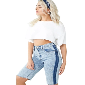 Short De Cycliste En Jean Pour Femmes Taille Moyenne Haute Élasticité Bande Latérale Ourlet Brut Été Décontracté
