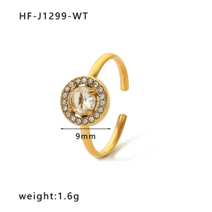 Detail view of 9mm gold-finished ring with heart-shaped cubic zirconia and measurements