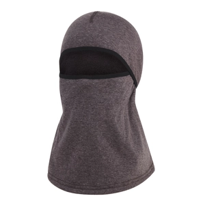 Detailed view of dark grey balaclava featuring thermal fleece lining and elastic black trim