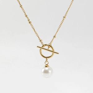 Collier double couche en acier inoxydable doré 18K avec perle et fermoir à bascule OT