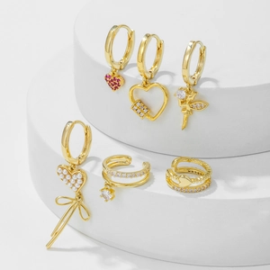 6-piece gold earring set featuring heart, butterfly, and pearl charms with zircon stones