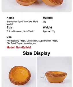 Detailed view of 7.5cm realistic PU egg tart model showing soft texture and dimensions