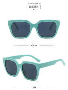 Front and side views of mint green square frame sunglasses with dark grey lenses