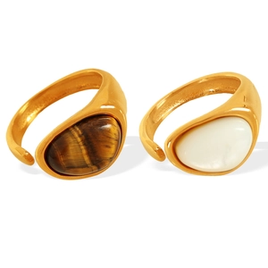 French vintage 18k gold plated titanium steel ring with natural tiger eye stone