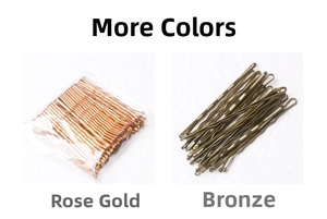 Detail showing wave-shaped metal hairpins in rose gold and bronze finishes