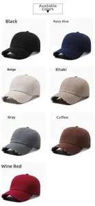 Detailed view of distressed baseball caps in seven colors with vintage worn texture