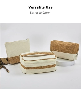 Detailed set of cotton canvas and cork toiletry bags in three functional shapes