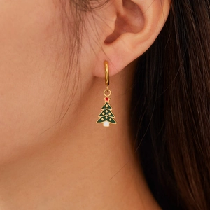 French style gold plated Christmas tree earrings with green enamel and red star