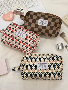 Corduroy Makeup Bag Floral Checkerboard Portable Cosmetic Pouch Travel Toiletry Storage Organizer Zipper Closure For Women