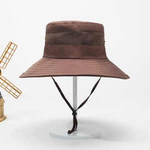 Wide Brim Bucket Hat Breathable Mesh Sun UV Protection Adjustable Windproof Strap Outdoor Fishing Hiking Travel Polyester