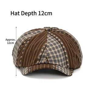 Retro patchwork newsboy cap with 12cm deep crown in brown stripe and plaid fabric