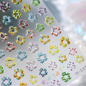Colorful floral jelly nail art stickers with plaid patterns and gold foil finish