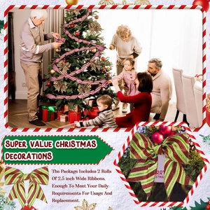 Detail of red green gold glitter striped ribbon bow for DIY Christmas tree decoration