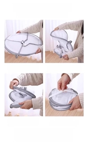 Step-by-step folding instructions for the portable mesh laundry drying basket