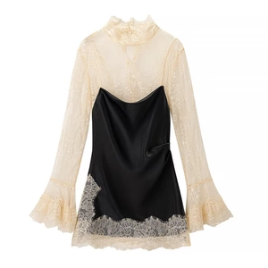Haut Élégant En Dentelle À Manches Longues Pour Femme Et Robe Courte En Satin Dos Nu Sexy Tenue De Soirée