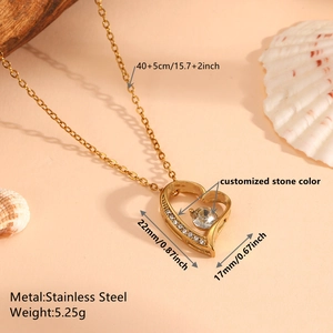Golden titanium steel heart necklace with zircon pendant measuring 22mm x 17mm