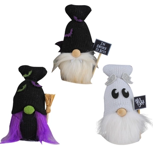 Three Halloween gnome plush dolls including a white ghost and black gnomes with brooms
