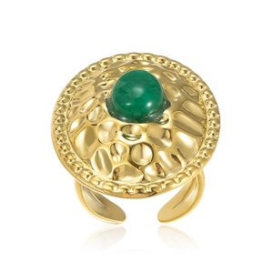 French vintage stainless steel gold ring with green natural stone and hammered texture