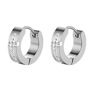 Polished silver metal hoop earrings with sparkling cross charms and crystal zircons