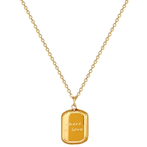 Minimalist titanium steel necklace with square gold pendant engraved with 'where is love'