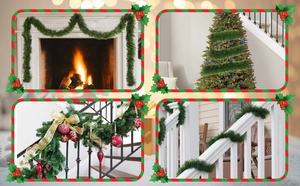 50ft green Christmas tinsel garland used on fireplaces, trees, and staircases