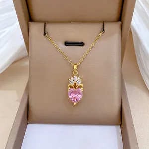 Crown Heart Pendant Necklace Pink Cubic Zirconia Stainless Steel Chain Copper Micro Inlaid Jewelry For Women
