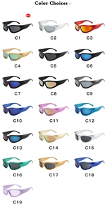 Detailed grid display of 19 color options for wraparound sports cycling sunglasses