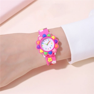 Pink silicone children quartz watch featuring colorful 3D flower strap and sunflower dial