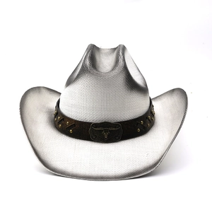 Detail of silver cowboy hat with brown leather band and bull head metal buckle