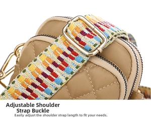 Detail of khaki quilted nylon phone bag featuring adjustable multicolor woven strap and gold buckle