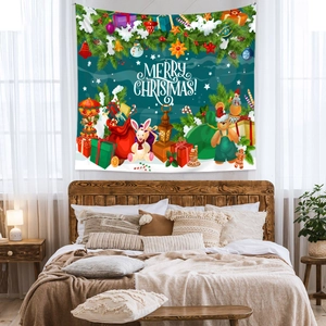 Cozy bedroom interior detail featuring a Christmas tapestry with festive cartoon icons