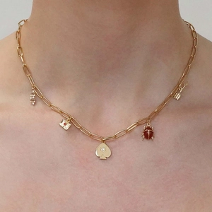 Close-up of golden chain necklace with multiple miniature pendants on a model's neck