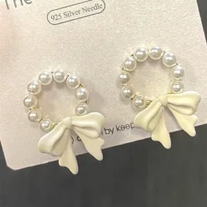 French retro cream bow pearl earrings with 925 silver needles for women accessories