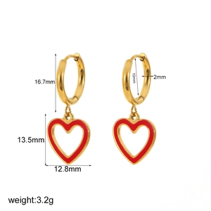 Gold-plated stainless steel heart hoop earrings with red enamel charms and dimensions