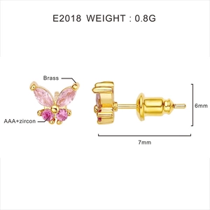 Golden butterfly stud earrings with pink zircon stones shown in dual product angles