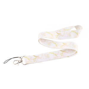Close-up of white and gold marble pattern lanyard with a durable metal swivel hook