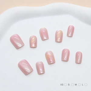 Handmade Press On Nails Pink White Gradient Gold Marbling Artificial Pearl Luster Short Square Oval Shape Reusable For Women