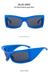 Front and side views of futuristic blue-framed sporty punk sunglasses with gray lenses