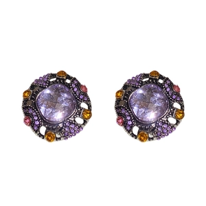 Vintage style round earrings with large purple gemstone and silver-tone metal base