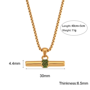 Gold 18K plated stainless steel T-Bar necklace with green micro-pave crystals