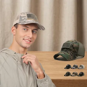 Tactical Camouflage Mesh Baseball Cap With American Flag Patch Adjustable Breathable Outdoor Trucker Hat For Men Women Sun Protection