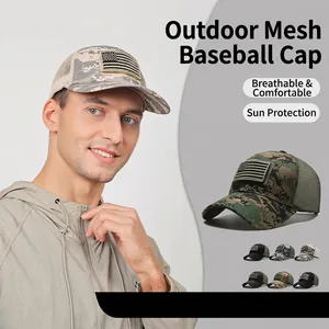 Tactical Baseball Cap Camouflage Mesh Trucker Hat With US Flag Patch Breathable Sun Protection Outdoor Adjustable For Men