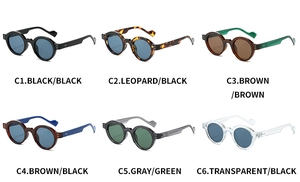 Matrix display of vintage round steampunk sunglasses in black, leopard, and clear frames