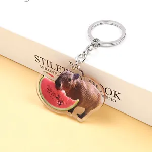 Cute capybara acrylic keychain charm with watermelon design on metal ring
