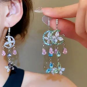 Butterfly Moon Tassel Drop Earrings Copper With Zircon And 925 Sterling Silver Earring Post Long Elegant Jewelry For Women