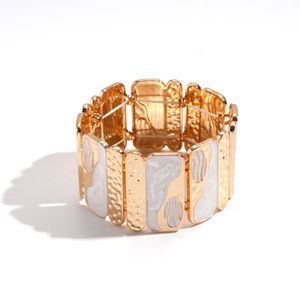 Vintage gold textured metal and white enamel geometric square elastic bracelet for women
