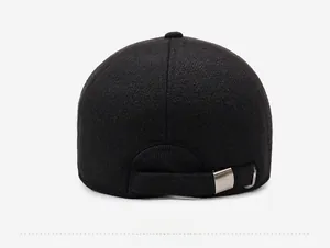 Rear view detail of thick black wool baseball cap with adjustable metal slider buckle